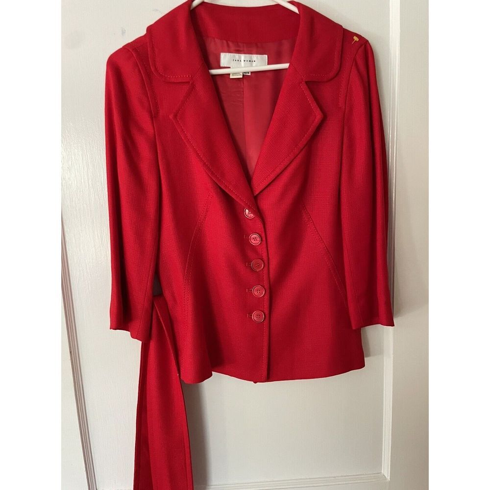 Zara Woman Solid Red Buttonup Belted Jacket Blazer Top Size 8 Dressy Business